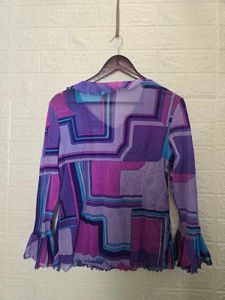 Vibrant Geometric Print Ruffle Blouse with inner