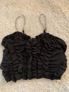 Bershka Chic Black Ruffled Crop Top