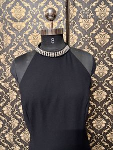 Elegant Black Maxi Dress with Embellished Neckline