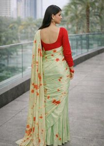 Elegant Mint Green Floral Saree with Red Blouse |