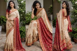 Elegant Cream & Red Embroidered Saree