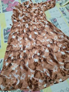 Brown Watercolor Frill Dress with Belt