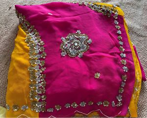 Elegant Pink &amp; Yellow Embellished Saree