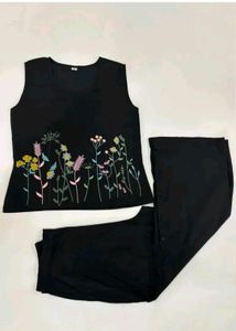 Black cord Set with Floral Embroidery
