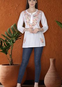 Embroidered White Cotton Kurti