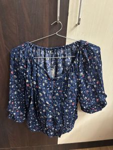 Navy Blue Floral Print Bardot Top