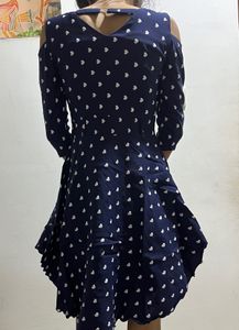 Navy Blue Heart Print Cold Shoulder Dress