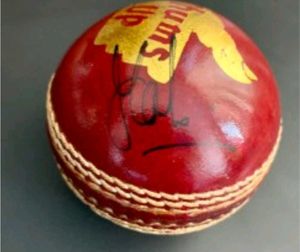 a leather ball signed by Virat and msd