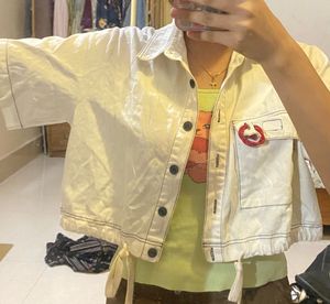White Cropped Button-Up Shirt with Red Accent