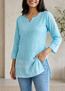 Chikankari Blue Embroidered short Kurta