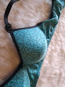 Turquoise Heart Print Bra