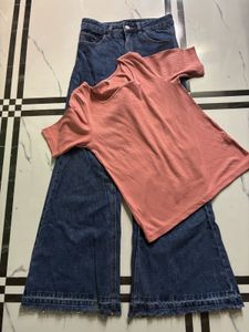 Women's Ribbed Top & Wide Leg Jeans Set