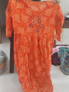 Orange Printed Kurta with Mirror Work
