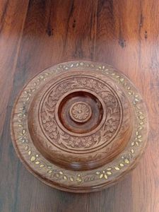 Hand Carved Wooden Casserole with Brass Inlay