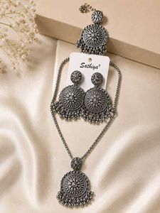 Oxidised Silver Jhumka Necklace Set