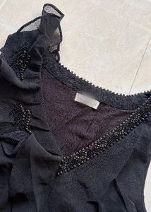 Chic Black Beaded Ruffle Top