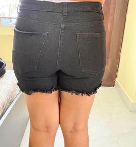 Black Denim Frayed Shorts