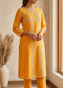 W Yellow Embroidered Kurti Set