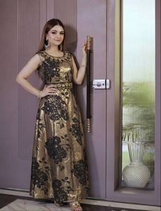 Elegant Gold & Black Floral Gown