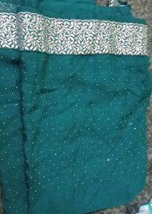 Elegant Teal Saree with Silver Border