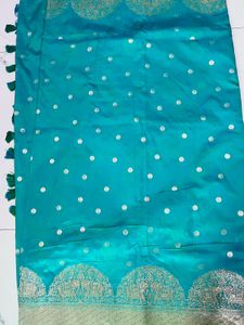 Teal Silk Saree with Silver Border