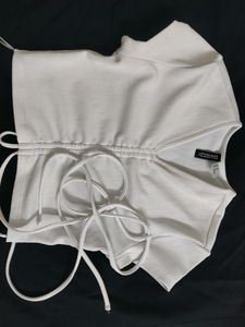 H&M New White Ribbed Cinched Crop Top