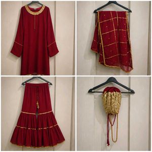 Elegant Maroon Kurta Set with Dupatta & Potli Bag