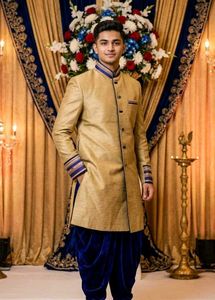 Men's Golden Sherwani with Blue Dhoti