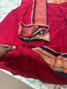 Red Ethnic choli Skirt with Gold Border