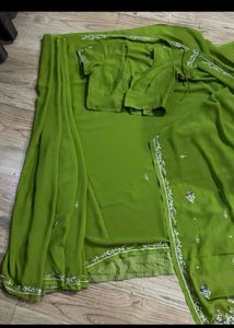 Elegant Olive Green Embroidered Saree