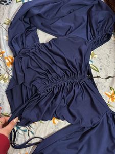 Navy Blue Ruched Tie Blouse