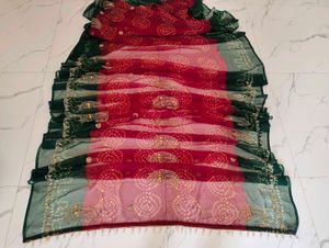 Stunning Red & Green Embroidered Saree