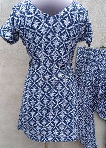 Blue &amp; White Printed Kurta Set