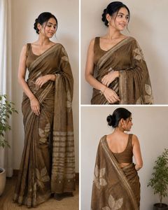 Elegant Brown Saree with Leaf Motifs