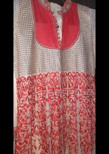 Red &amp; Cream Embroidered Anarkali Gown For Weddings
