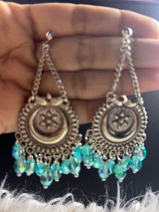 Bohemian Silver Dangle Earrings with Blue Beads