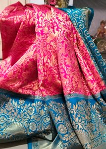 Pink &amp; Teal Blue Big Border Kanjivaram Silk Saree