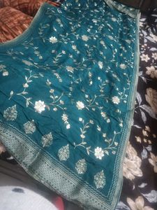 Elegant Teal Dupatta with Gold Floral Print