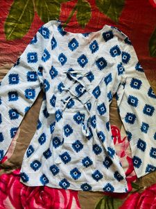 White Kurta with Blue Geometric Print