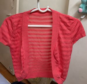 Coral Striped Cropped Cardigan