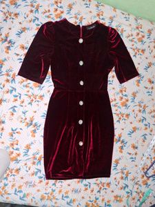 Red Velvet Button-Up Dress
