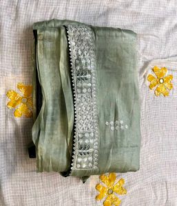 Elegant Sage Green Saree with White Embroidery
