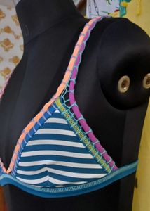 Striped Bikini Top with Crochet Straps