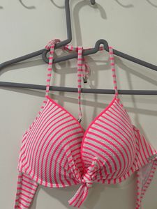 Chic Pink &amp; White Striped Tie-Front Halter Bikini