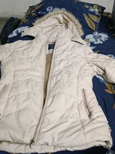 Cream Quilted Puffer Jacket with Fur Hood