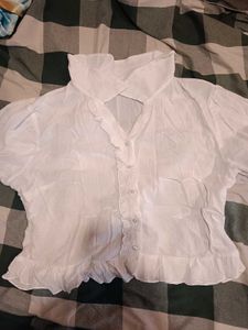 White Ruffled Collared Puff Sleeve Blouse