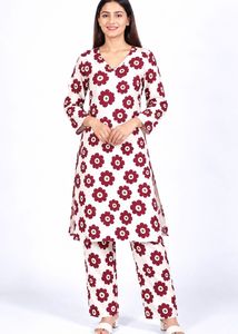 White Kurta with Burgundy Floral Print