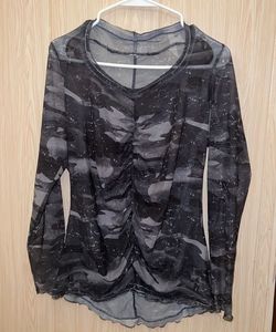 Sheer Camo Ruched Long Sleeve Top