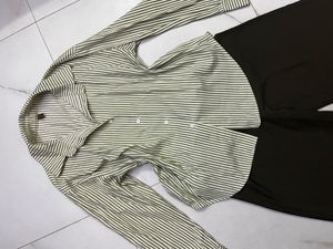 Striped Shirt &amp; Black Wide-Leg Pants Set