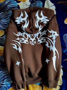 Brown Zip-Up Hoodie with Tribal Print